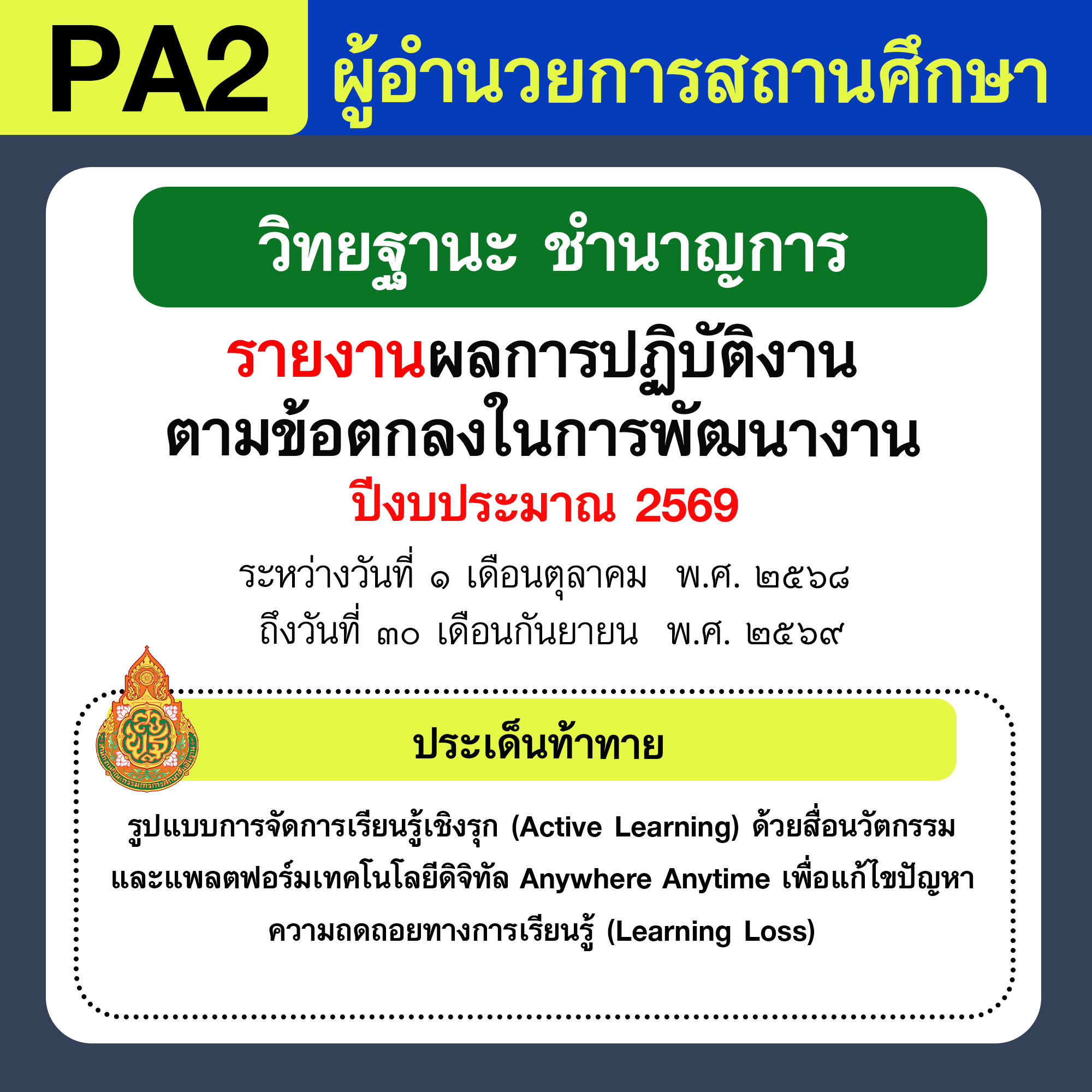 รายงาน PA | รายงานผลการพัฒนางานตามข้อตกลง PA ผู้อำนวยการสถานศึกษา