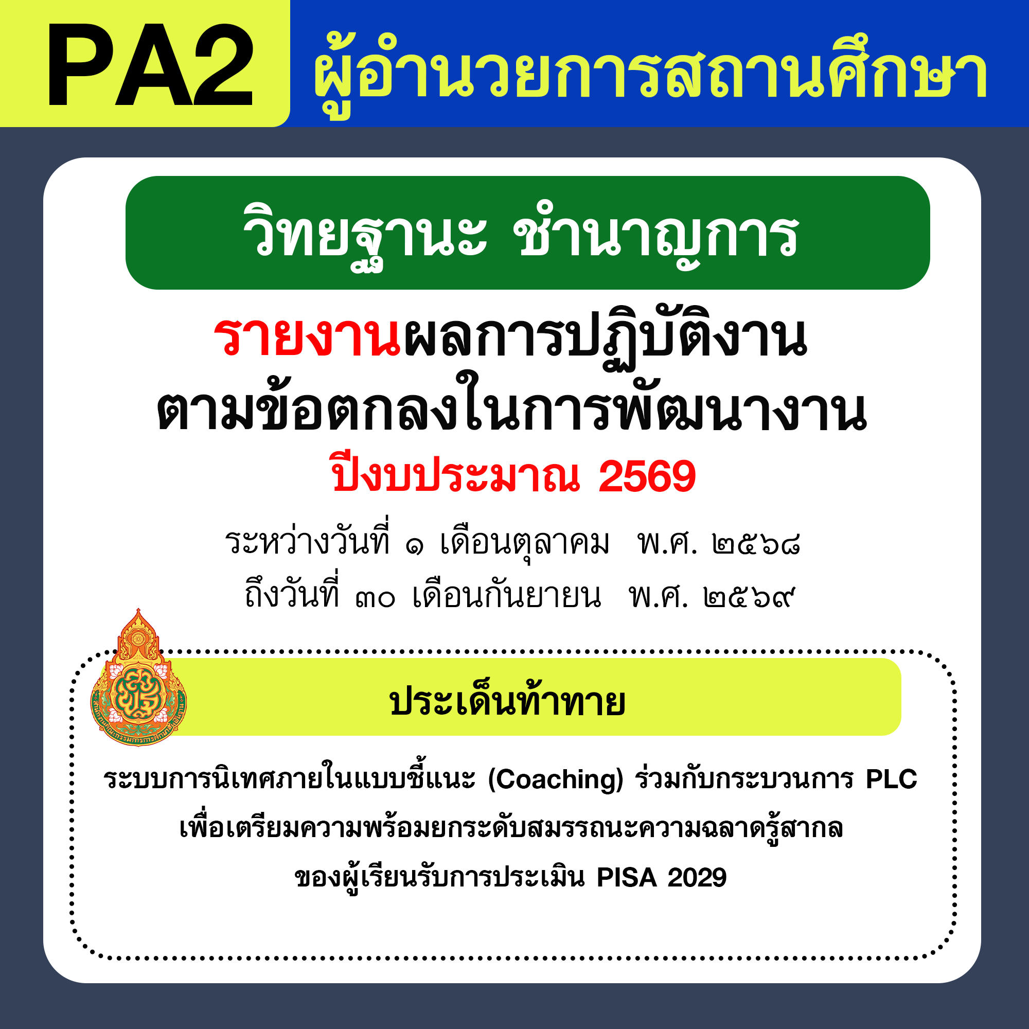 รายงาน PA | รายงานผลการพัฒนางานตามข้อตกลง PA ผู้อำนวยการสถานศึกษา