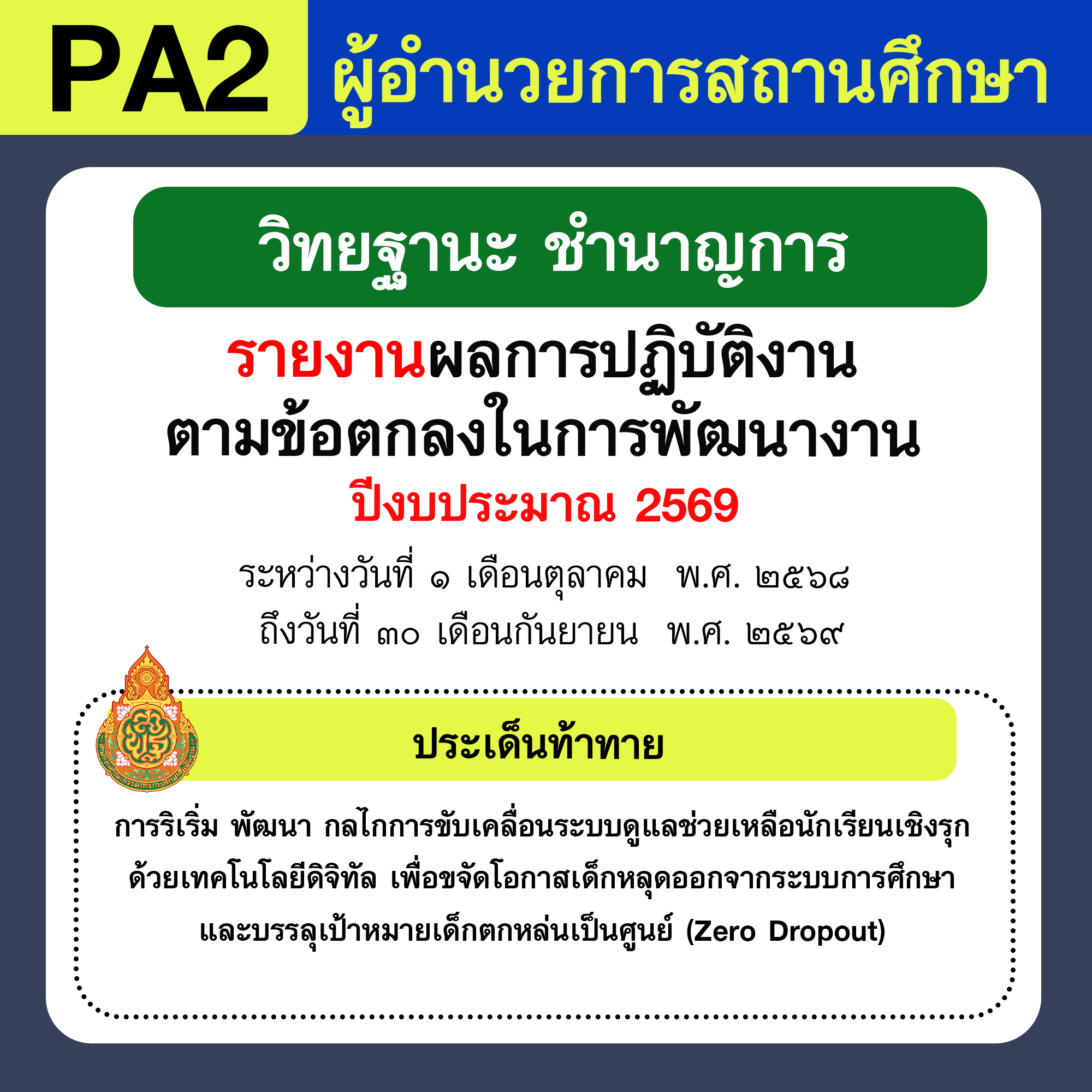 รายงาน PA | รายงานผลการพัฒนางานตามข้อตกลง PA ผู้อำนวยการสถานศึกษา
