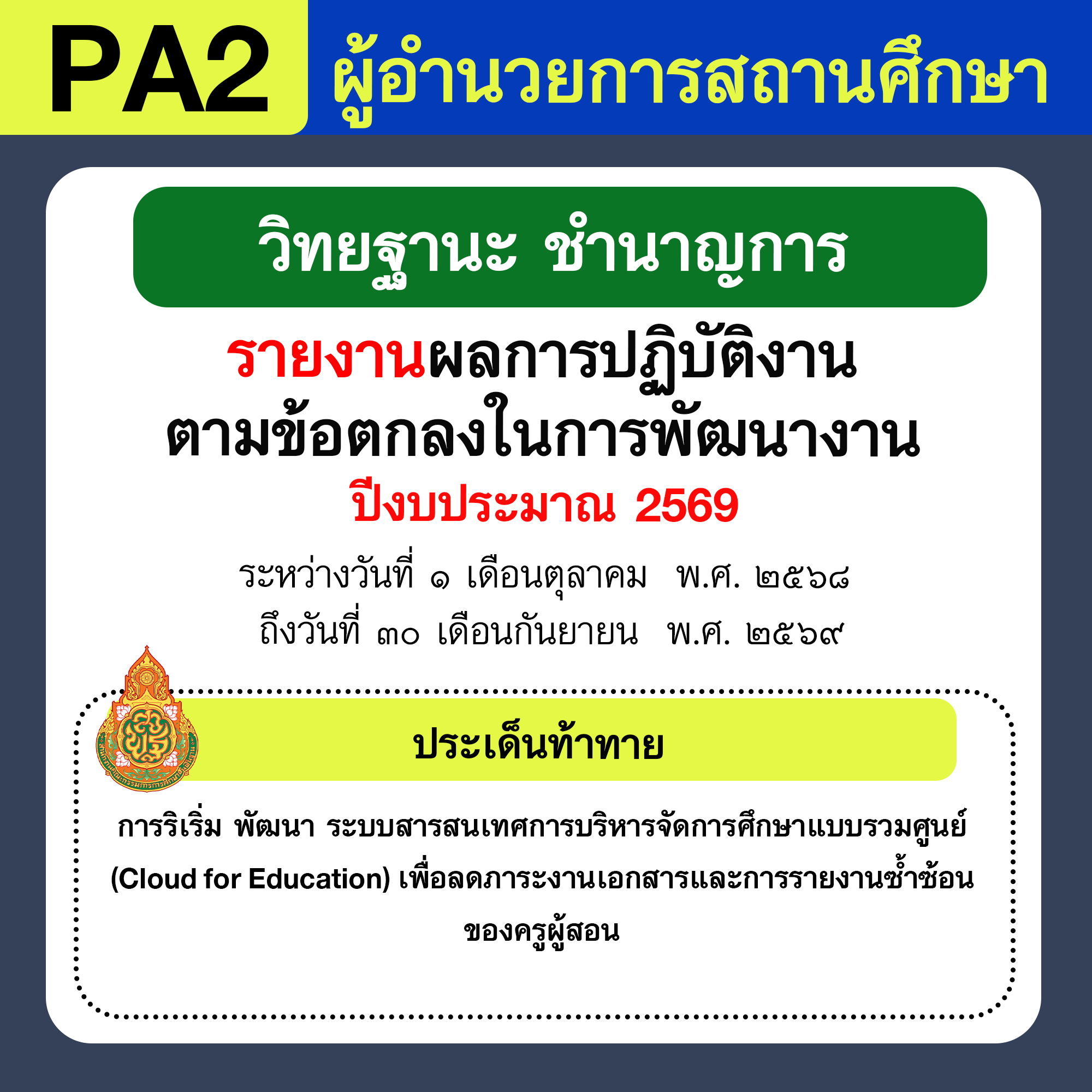 รายงาน PA | รายงานผลการพัฒนางานตามข้อตกลง PA ผู้อำนวยการสถานศึกษา