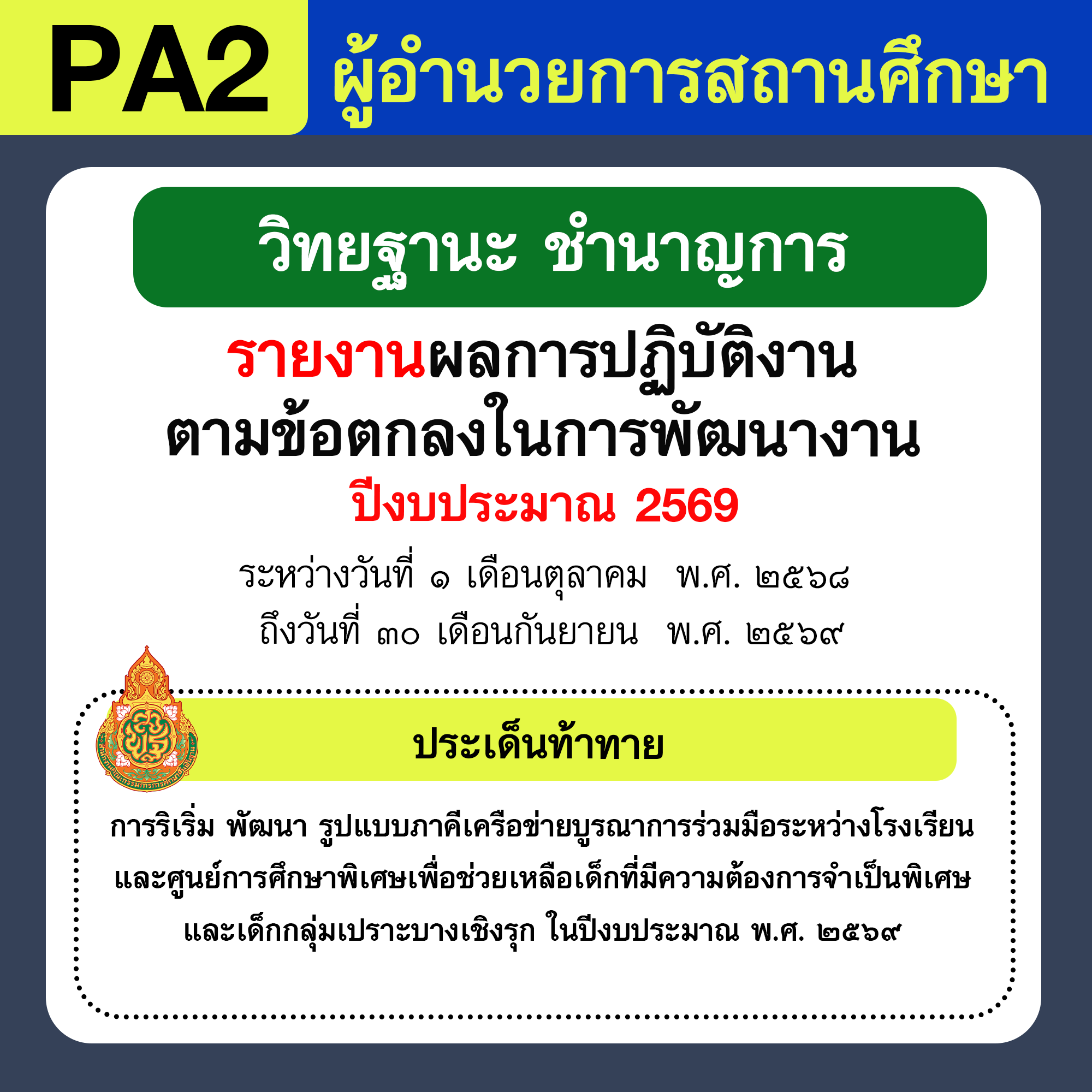รายงาน PA | รายงานผลการพัฒนางานตามข้อตกลง PA ผู้อำนวยการสถานศึกษา