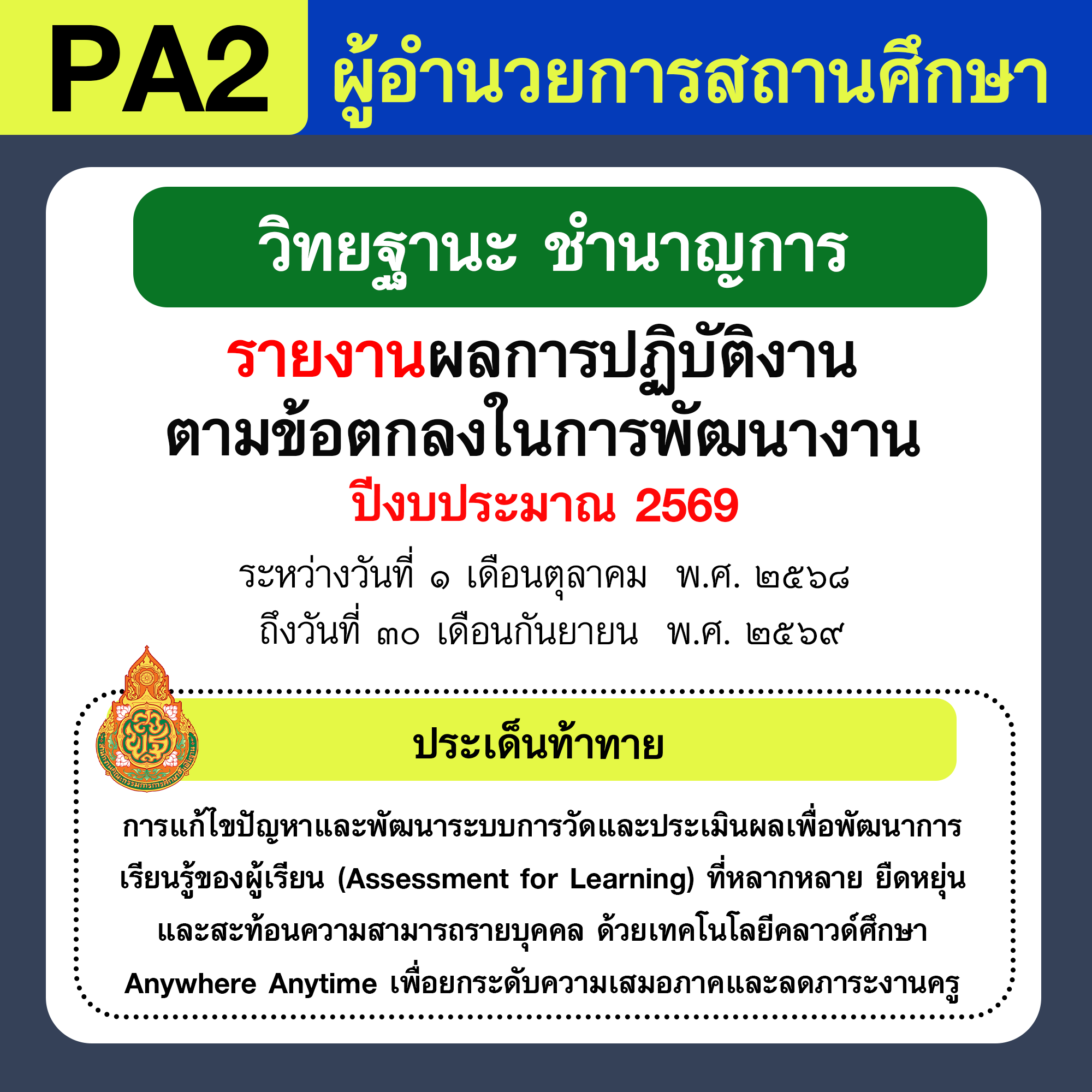 รายงาน PA | รายงานผลการพัฒนางานตามข้อตกลง PA ผู้อำนวยการสถานศึกษา