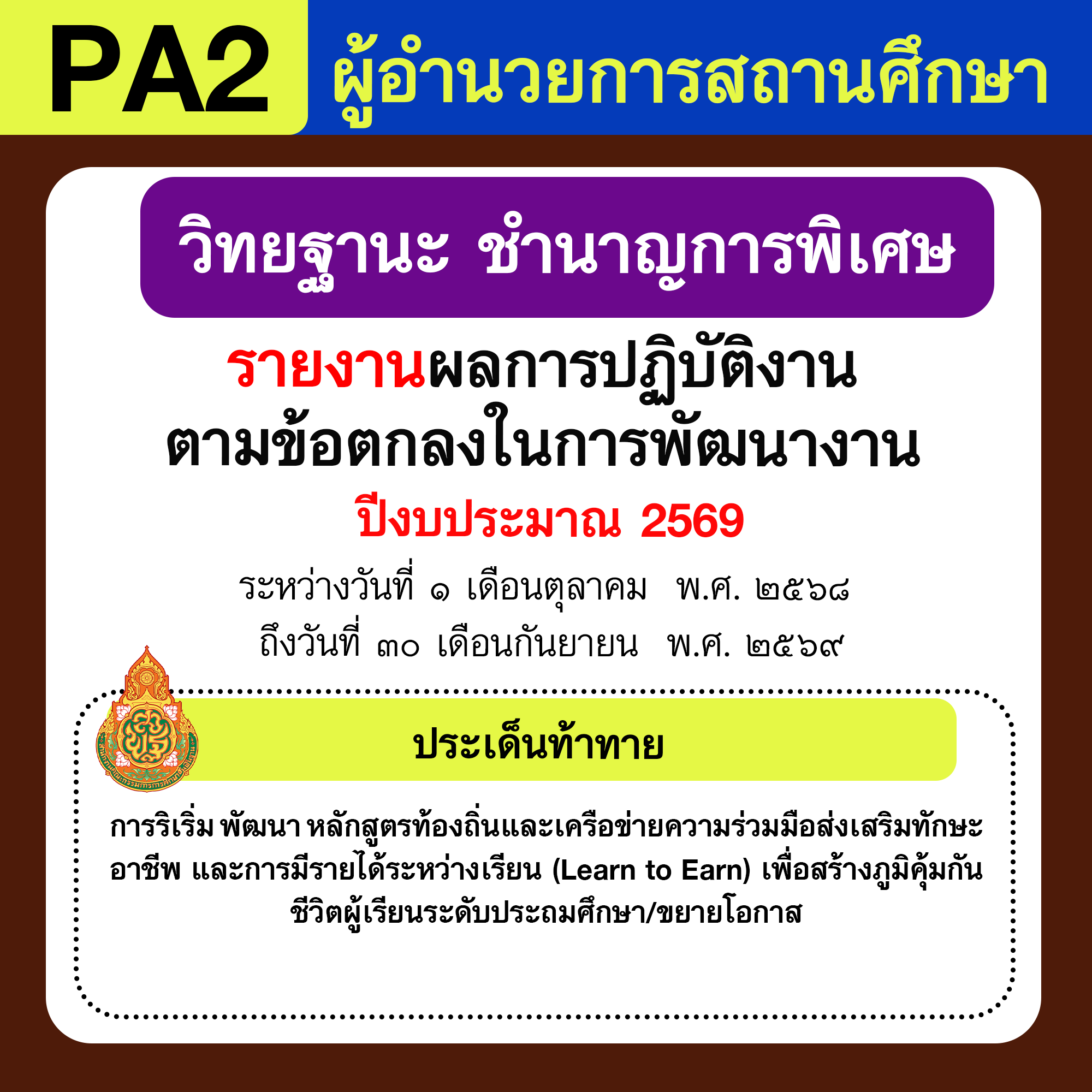รายงาน PA | รายงานผลการพัฒนางานตามข้อตกลง PA ผู้อำนวยการสถานศึกษา
