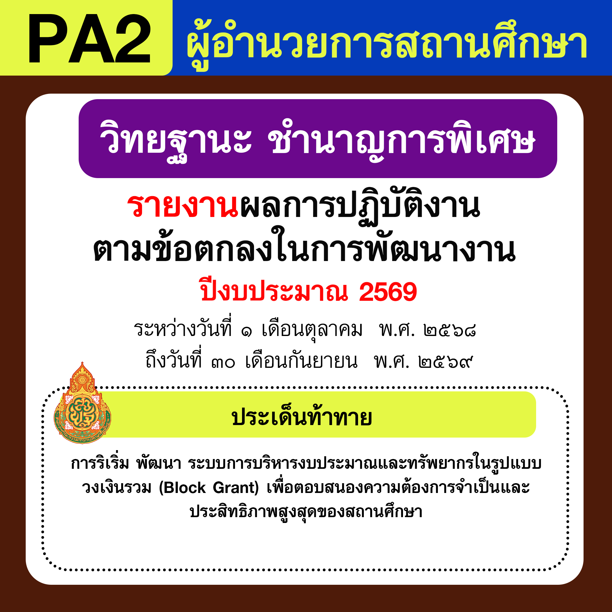 รายงาน PA | รายงานผลการพัฒนางานตามข้อตกลง PA ผู้อำนวยการสถานศึกษา