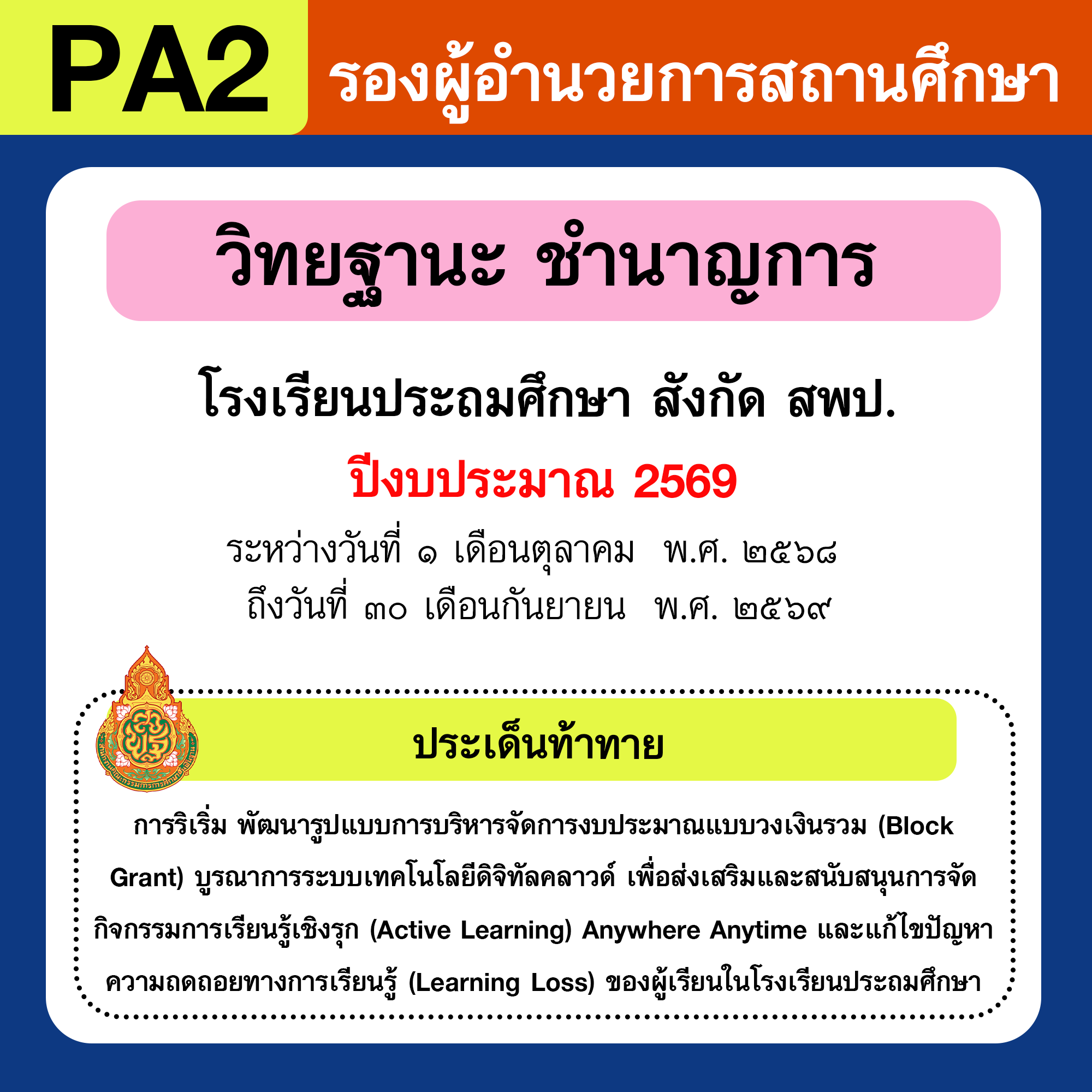 รายงาน PA | รายงานผลการพัฒนางานตามข้อตกลง PA รองผู้อำนวยการสถานศึกษา