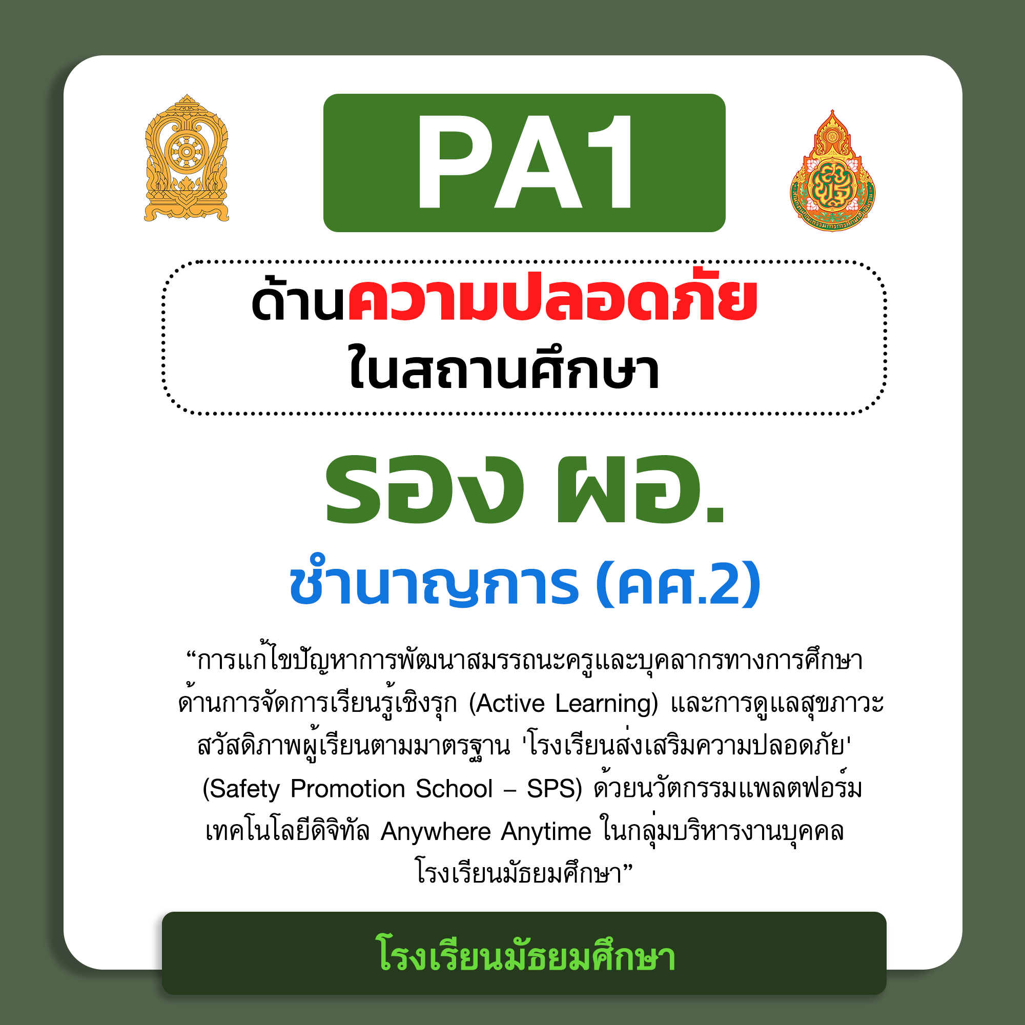 PA1 ด้านความปลอดภัยในสถานศึกษา | รอง ผอ. ชำนาญการ (คศ.2) โรงเรียนมัธยมศึกษา