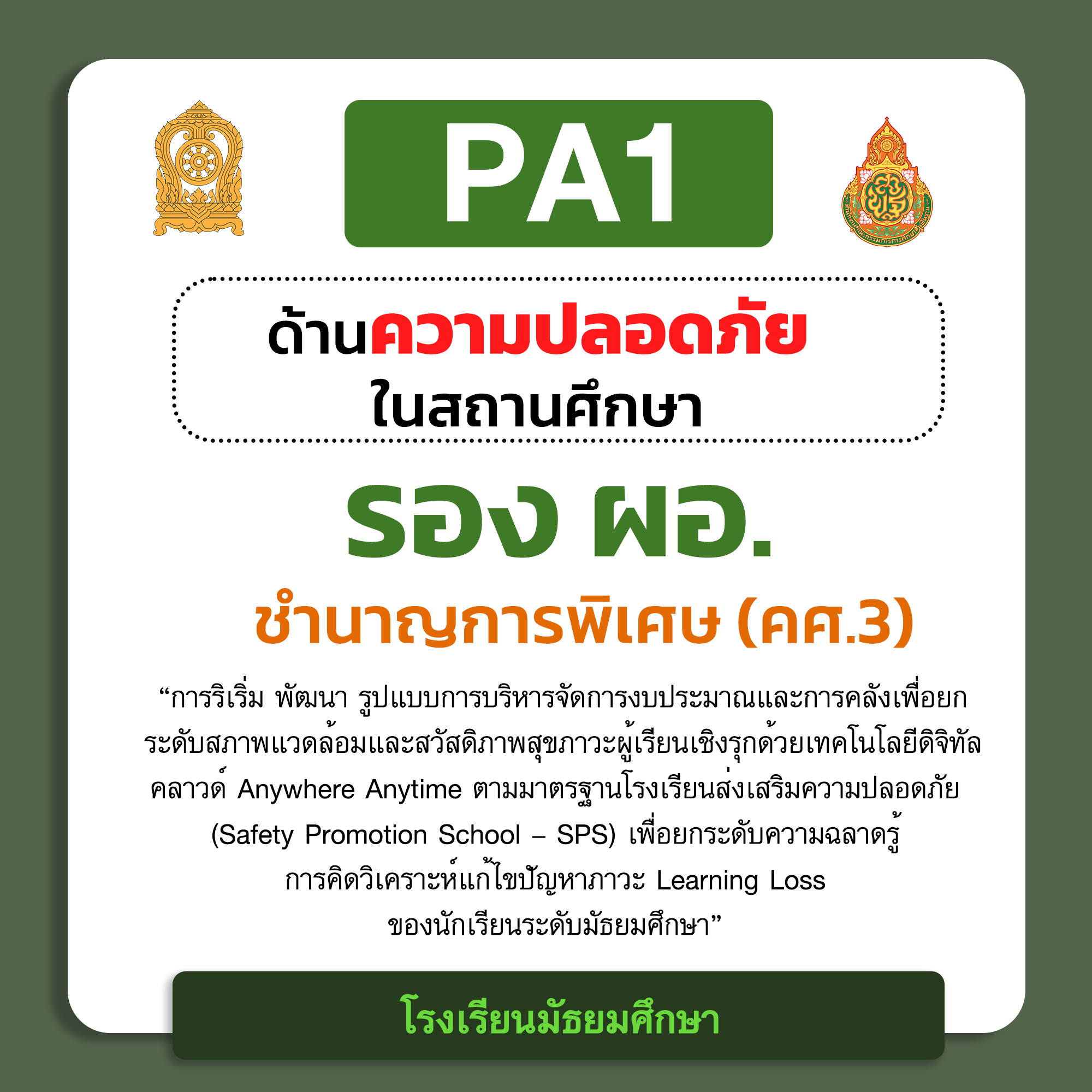 PA1 ด้านความปลอดภัยในสถานศึกษา | รอง ผอ. ชำนาญการพิเศษ (คศ.3) โรงเรียนมัธยมศึกษา