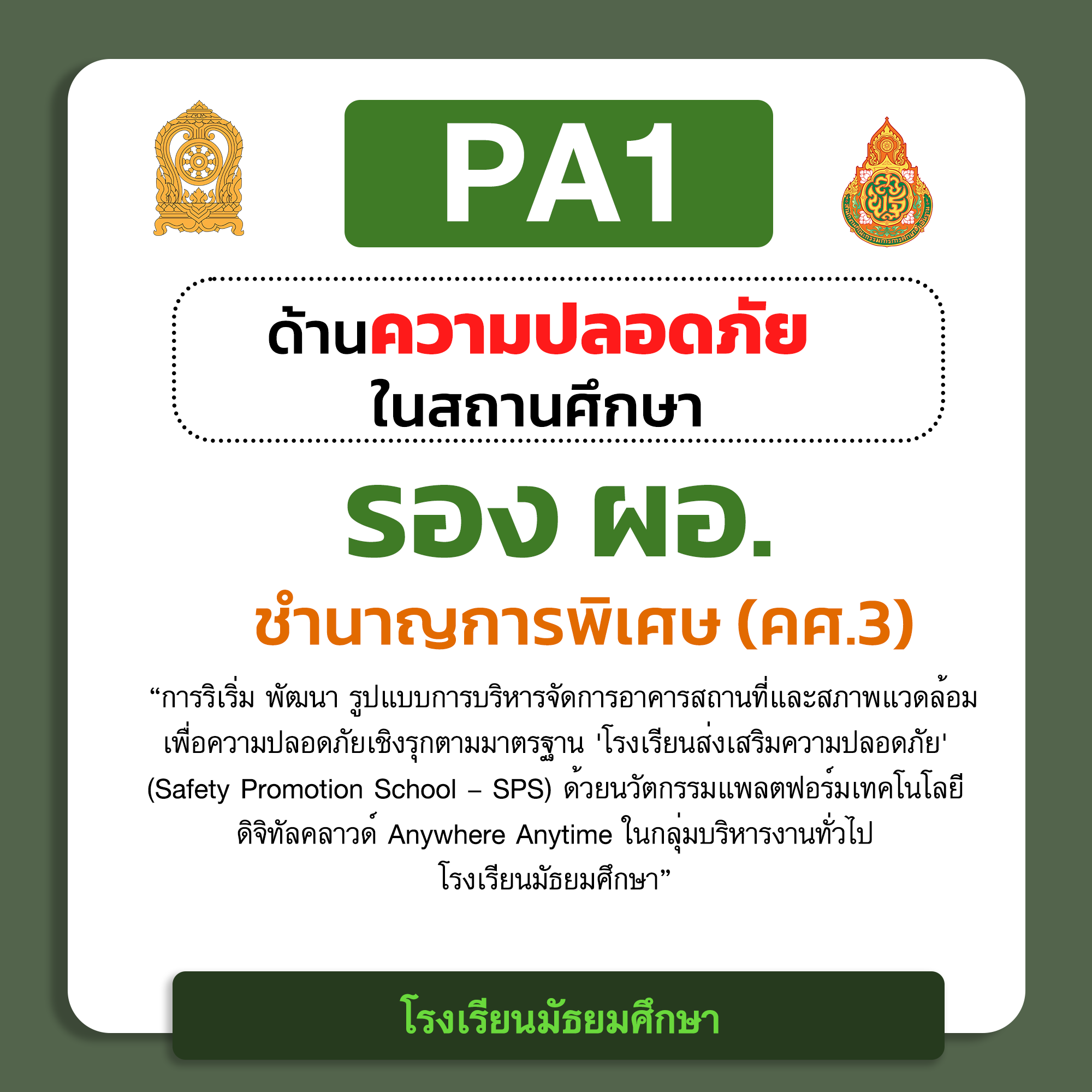 PA1 ด้านความปลอดภัยในสถานศึกษา | รอง ผอ. ชำนาญการพิเศษ (คศ.3) โรงเรียนมัธยมศึกษา