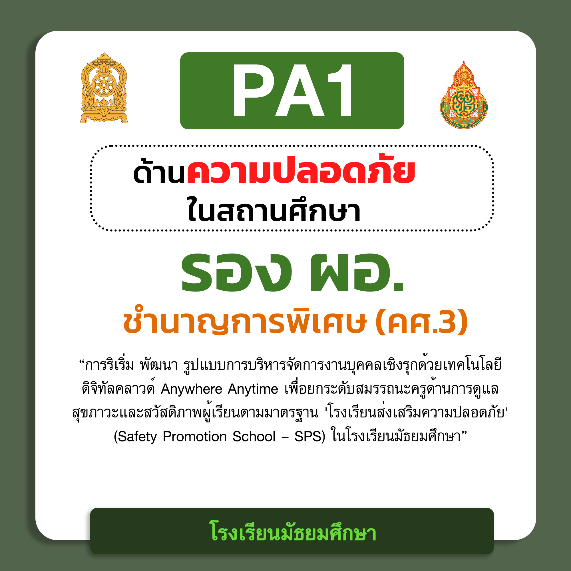 PA1 ด้านความปลอดภัยในสถานศึกษา | รอง ผอ. ชำนาญการพิเศษ (คศ.3) โรงเรียนมัธยมศึกษา