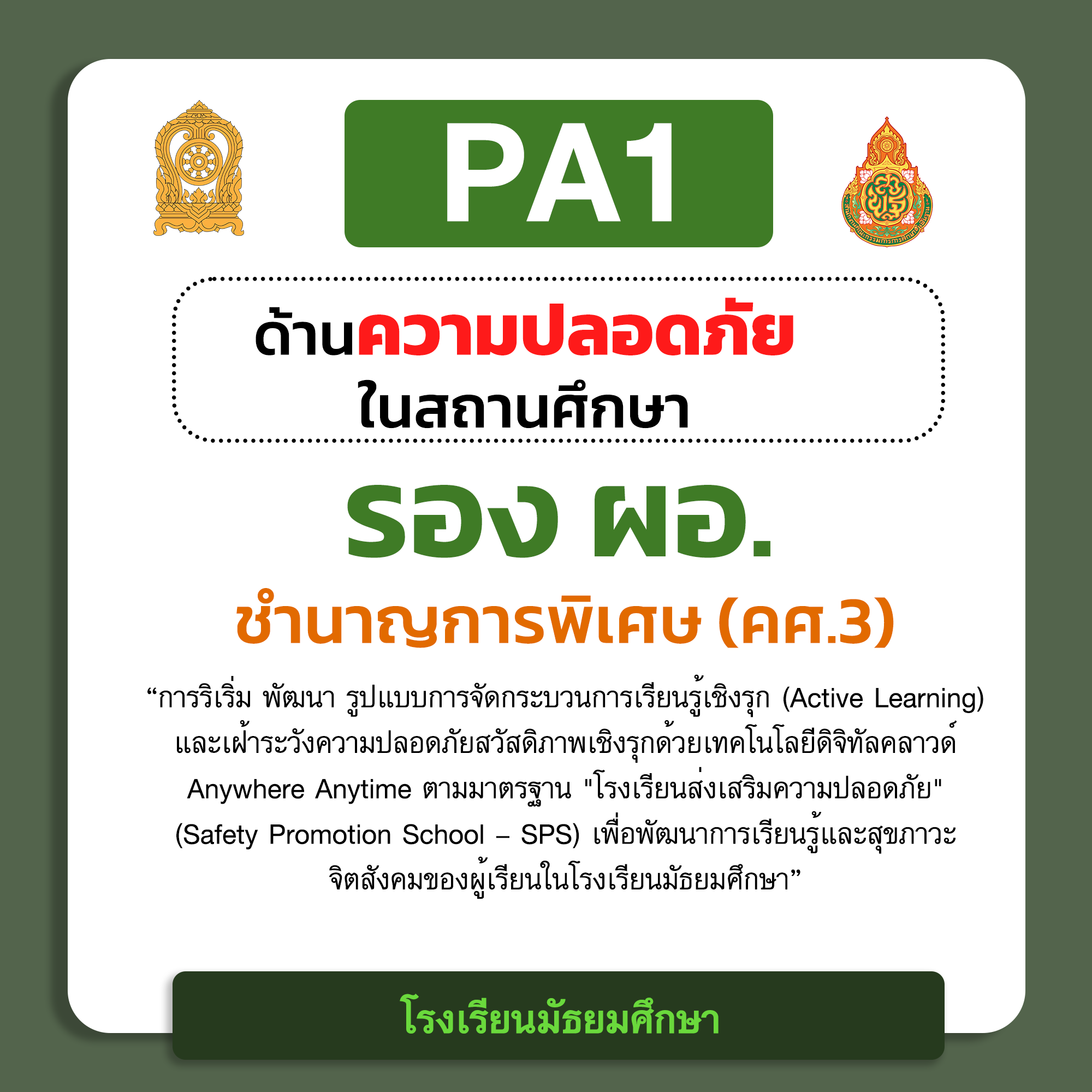 PA1 ด้านความปลอดภัยในสถานศึกษา | รอง ผอ. ชำนาญการพิเศษ (คศ.3) โรงเรียนมัธยมศึกษา