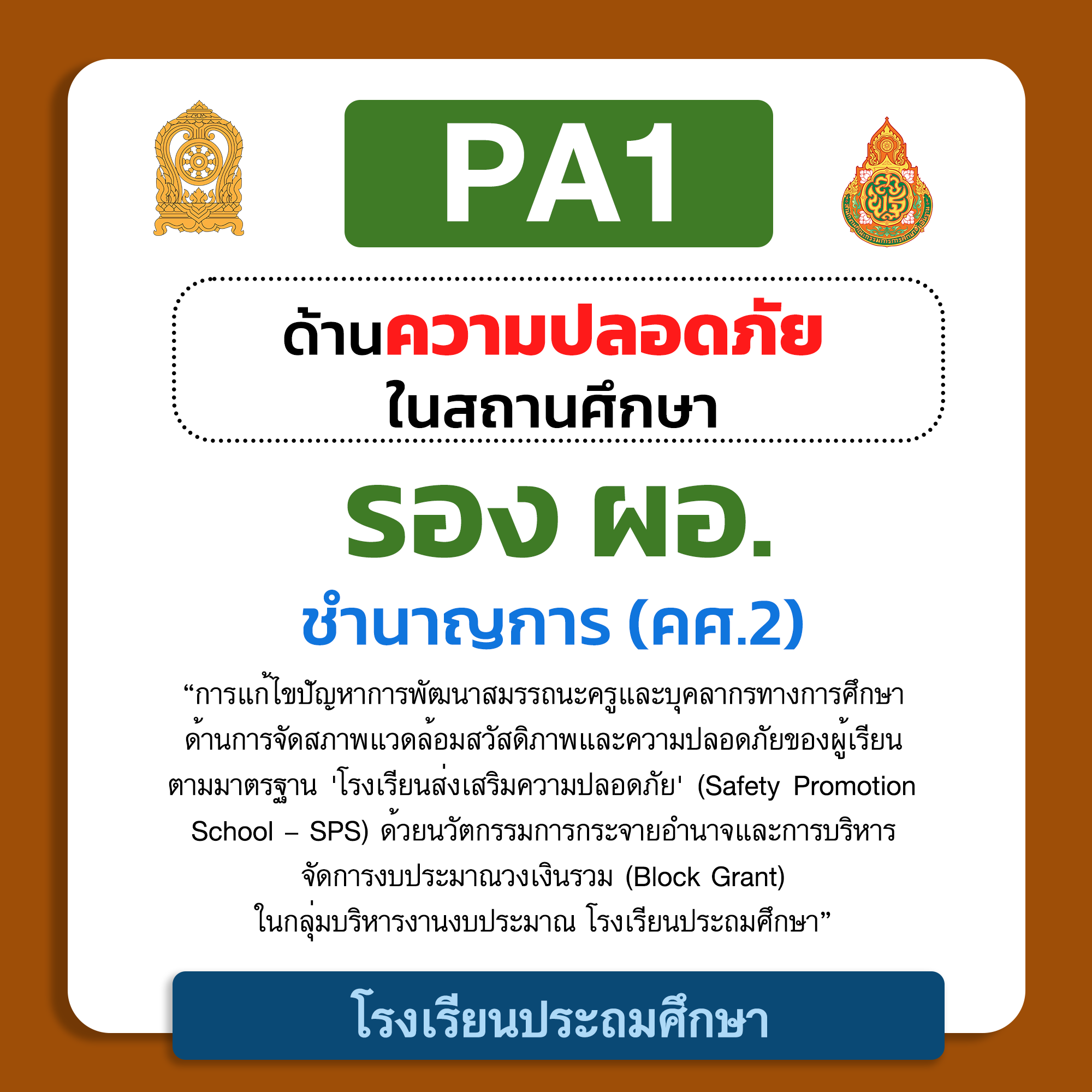 PA1 ด้านความปลอดภัยในสถานศึกษา | รอง ผอ. ชำนาญการ (คศ.2) โรงเรียนประถมศึกษา