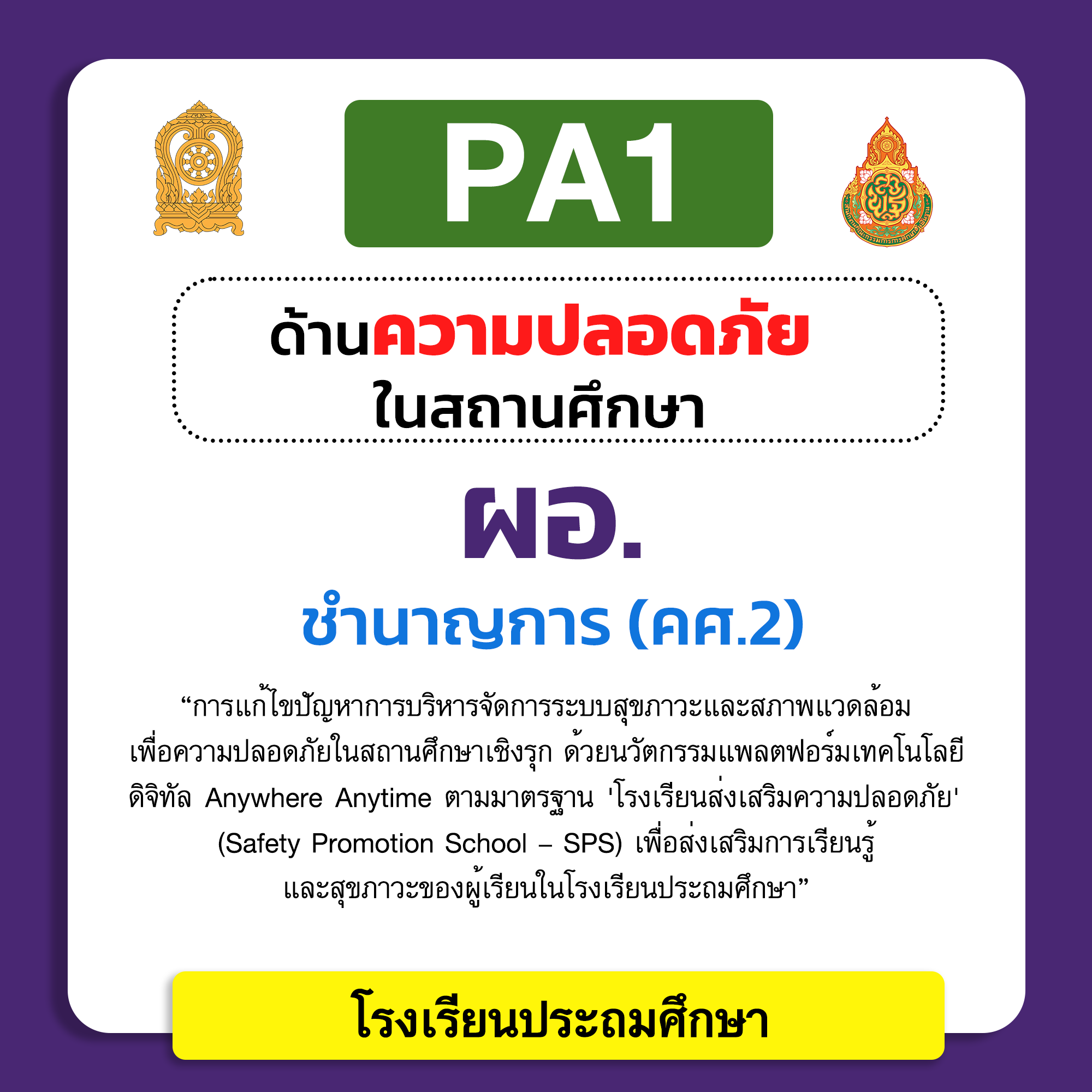 PA1 ด้านความปลอดภัยในสถานศึกษา | ผอ. ชำนาญการ (คศ.2) โรงเรียนประถมศึกษา