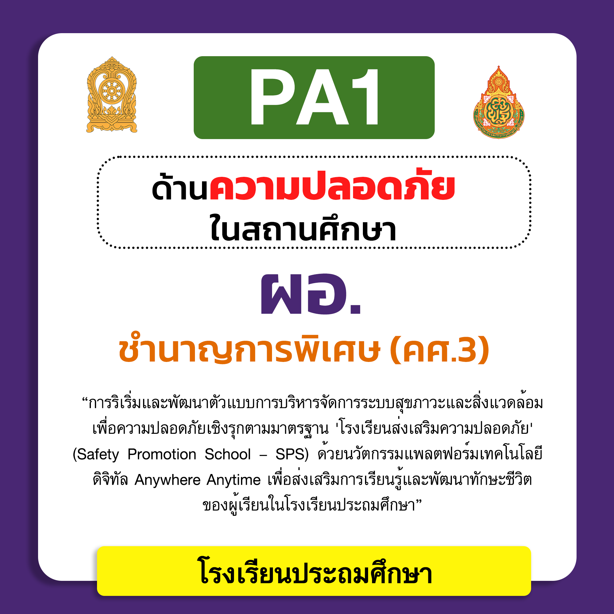 PA1 ด้านความปลอดภัยในสถานศึกษา | ผอ. ชำนาญการพิเศษ (คศ.3) โรงเรียนประถมศึกษา
