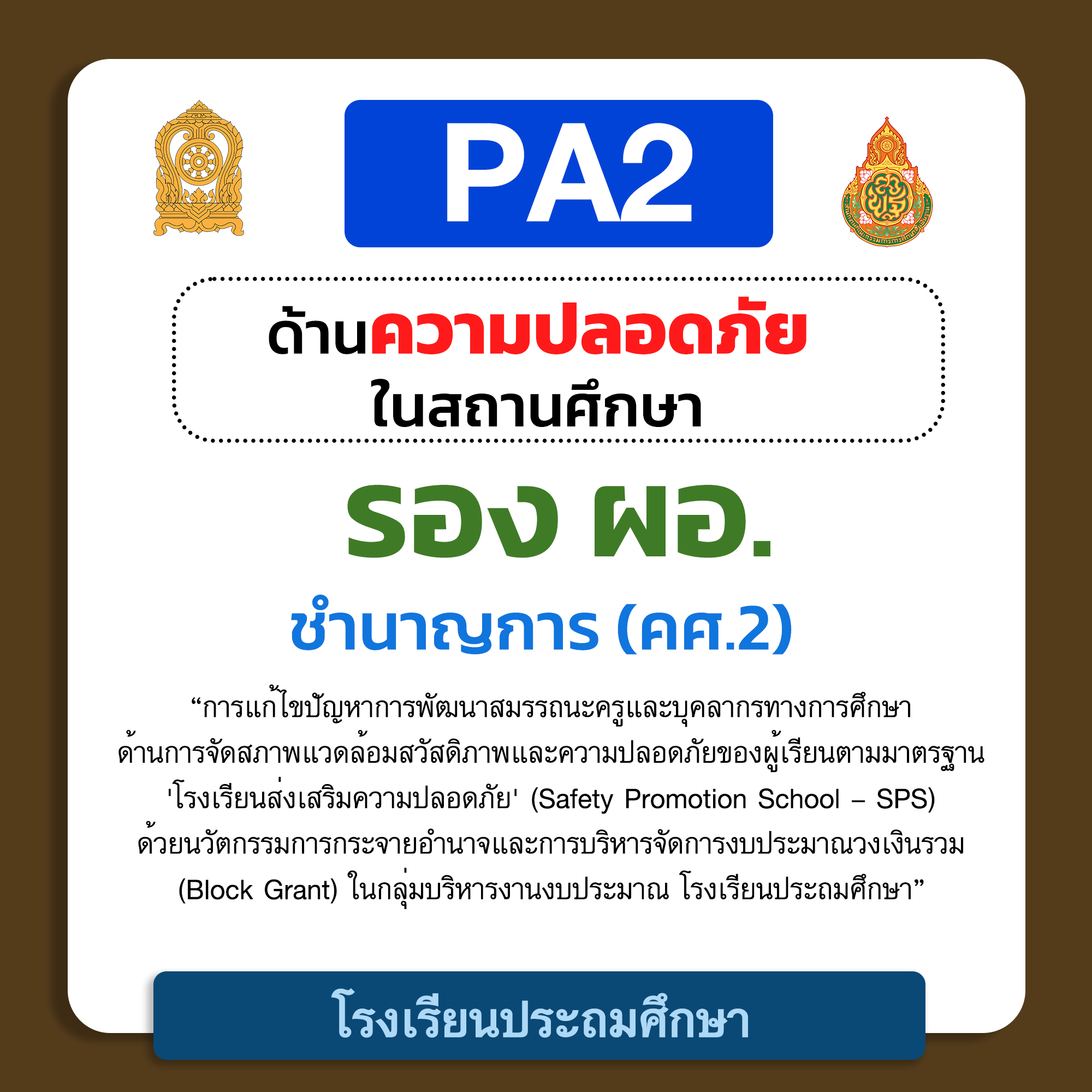 PA2 ด้านความปลอดภัยในสถานศึกษา | รอง ผอ. ชำนาญการ (คศ.2) โรงเรียนประถมศึกษา