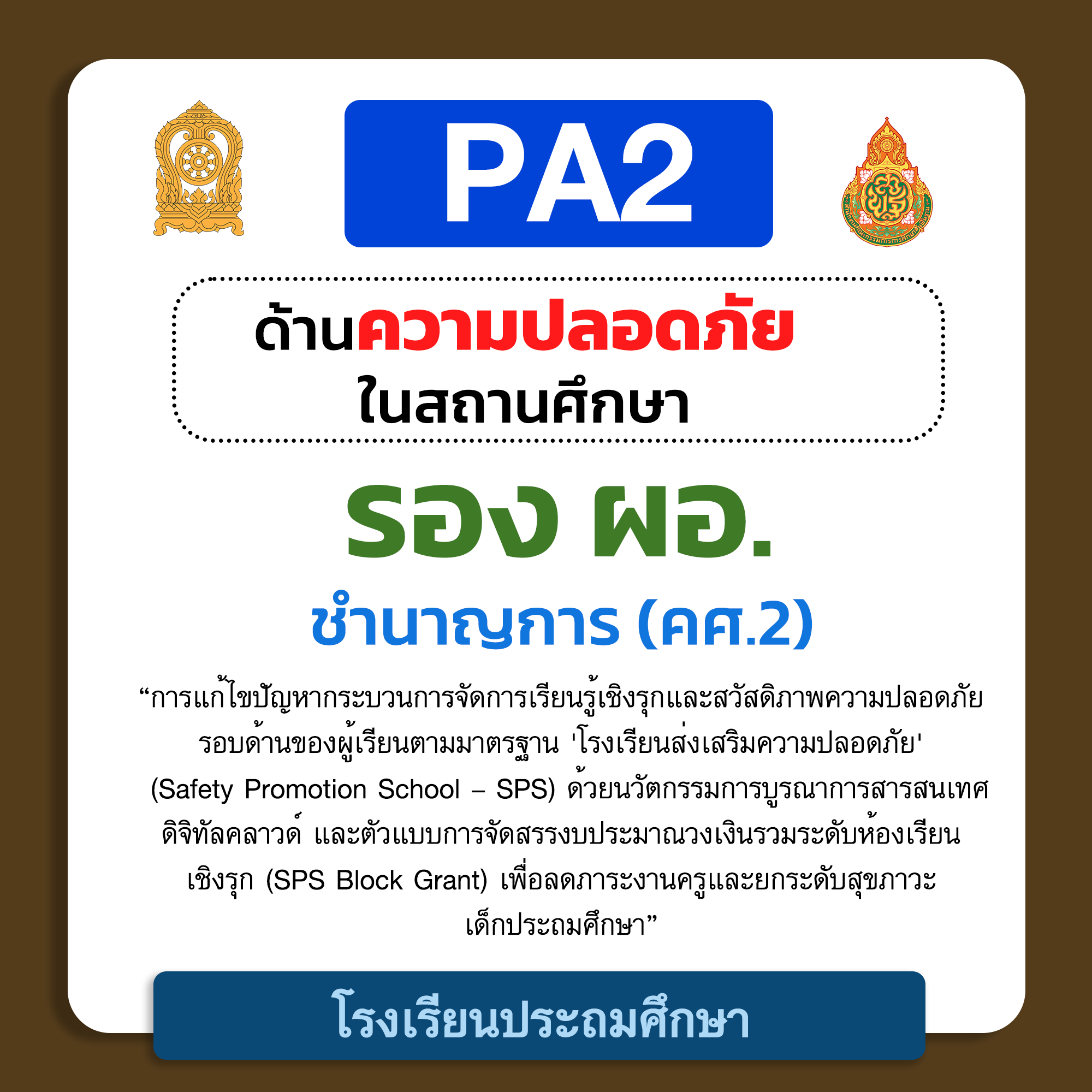 PA2 ด้านความปลอดภัยในสถานศึกษา | รอง ผอ. ชำนาญการ (คศ.2) โรงเรียนประถมศึกษา